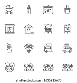 Happy family line icons set. linear style symbols collection, outline signs pack. vector graphics. Set includes icons as two children, dad and mom, dog cat pets, family portrait, baby pram, fireplace