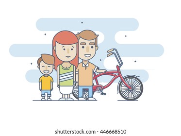 Happy family with little boy characters with the bike in flat style
