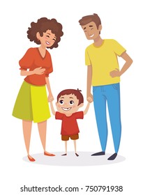 Happy family. Little boy holding hands with parents. People are laughing. Vector illustration.