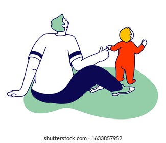 Happy Family of Little Cheerful Boy Sitting with Dad on Floor Having Fun Watching Puppet Show. Father Day Holiday, Vacation Weekend Walk Together with Child. Cartoon Flat Vector Illustration, Line Art