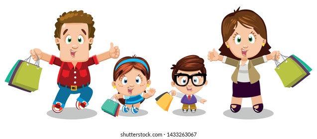 Happy family with little children keeping lots of shopping bags and jumping for joy. Couple with daughter and son hurrying up to buy everything at discounted prices in sale. Vector cartoon on white.