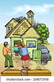happy family with little house background