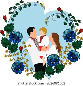 Happy family with little son in traditional ukrainian dress. 