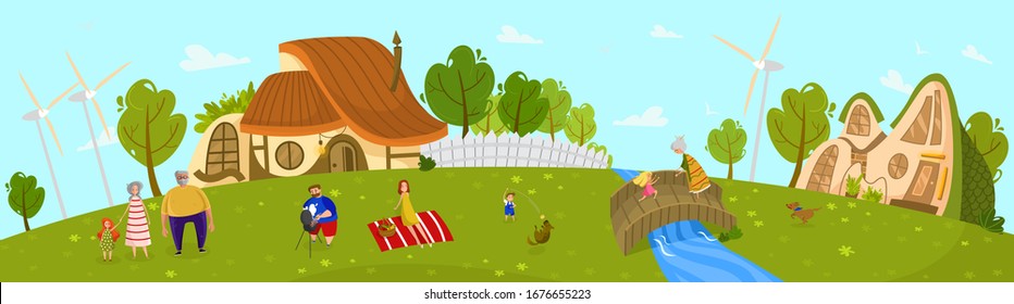 Happy family living in countryside, summer outdoor picnic, vector illustration. Parents, grandparents and children spend time together, kids play with dog. Big family, cozy eco friendly cottage people