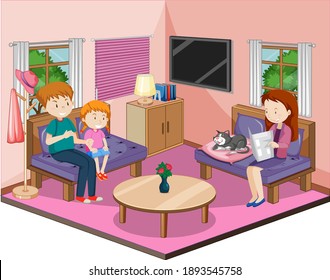 Happy family in the living room with furnitures in pink theme illustration