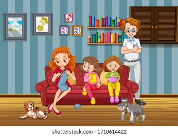 Happy family in living room illustration