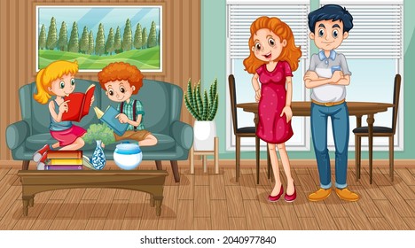 Happy family in the living room scene illustration