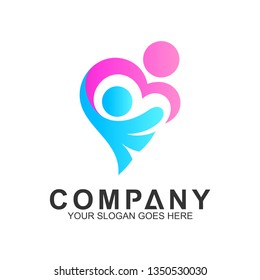 happy family logo with heart shape concept, healthy people, adoption symbol, foundation and community care icon, parents and children vector, helping logo