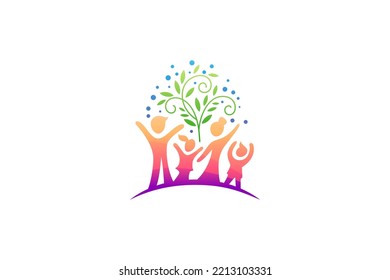 Happy family logo with tree and bubbles in colorful design style