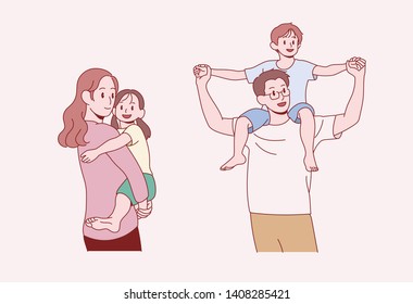 A happy family look. My mom is holding a girl and the boy is riding on my dad 's shoulder. hand drawn style vector design illustrations. 