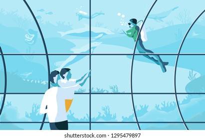 Happy family looking at fish tank at the aquarium,flat style,vector cartoon illustration.