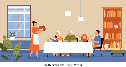 Happy family looking at mum carrying roasted turkey for thanksgiving day festive dinner flat vector illustration