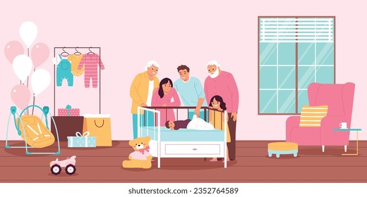 Happy family looking at newborn baby sleeping in cot flat vector illustration