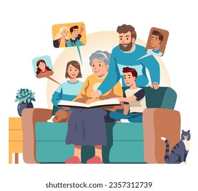 Happy family looking at photo album together. Grandmother woman, father parent man person, daughter girl, son boy kids sit on sofa at home. Pictures memory book concept flat vector illustration  