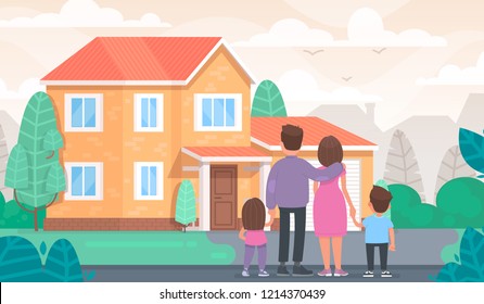 Happy family is looking at their new home. Vector illustration in flat style