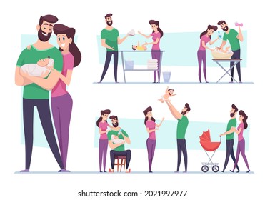 Happy family. Lovely couple mother and father taking care to new born child mom breastfeeding embracing infant kid exact vector cartoon illustrations