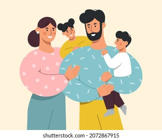 Happy family with lovely kids. Young mother and father holding their beloved children in their arms. Son and daughter hug their parents. Love and care for loved ones. Flat vector illustration.