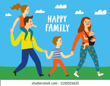 Happy family. Lovely parents with children. Editable cartoon illustration for your design.