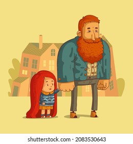 Happy family. Lovely vector illustration of big and strong kind father and cute little daughter holding each other's hands and going for a walk. Family concept. Poster, greeting card