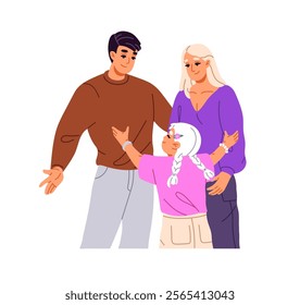 Happy family loves, cuddles together. Parents spread hands to hug their cute kid. Mother, father and child embrace, rejoice, support each other. Flat isolated vector illustration on white background