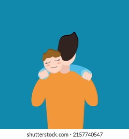 Happy family. Loving father holds a baby son in his arms and hugs him. Father's Day, Happy Children Day card. Cute vector illustration. Fatherhood and parenthood.