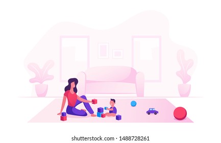 Happy Family of Loving Mom and Cheerful Kid Having Leisure Time. Mother and Little Son Playing Toys Sitting on Floor. Woman and Baby Boy Gaming Fun Loving Relation Cartoon Flat Vector Illustration