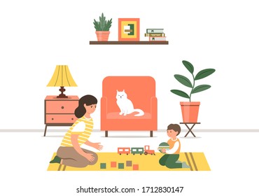 Happy family. Loving mom and cheerful baby spend free time together. Mother and little son play toys sitting on the floor in the room.
Nanny with baby. Cute vector illustration in a flat cartoon style