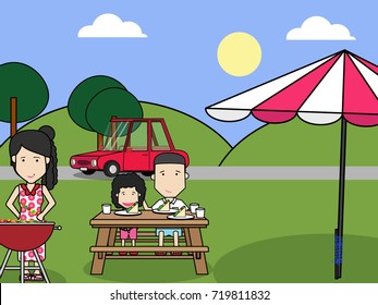 Happy Family with lunch on Picnic travel. Vector Illustration with Flat Design.