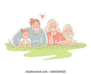 Happy family is lying on the grass. Parents spend time with children. Hand drawn style vector design illustrations.