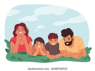 Happy family lying together on meadow grass enjoying peaceful moments of spending time outdoors cartoon portrait. Mother, father and two kids having leisure activity in summer park vector illustration