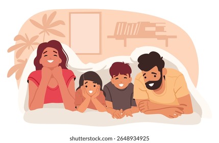 Família feliz deitado juntos sob o cobertor na cama desfrutando de relaxamento de fim de semana e divertido retrato de desenhos animados. Pais alegres e crianças sorrindo tendo excitado o tempo livre em casa ilustração vetor