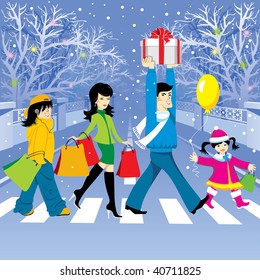 happy family makes purchases for the holiday. Vector editable.