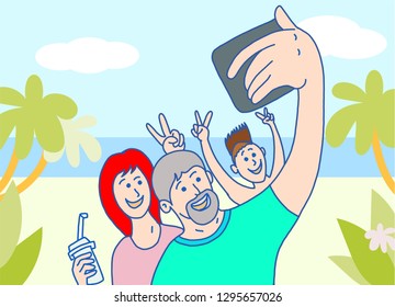 Happy family makes selfie on beach side vacation time