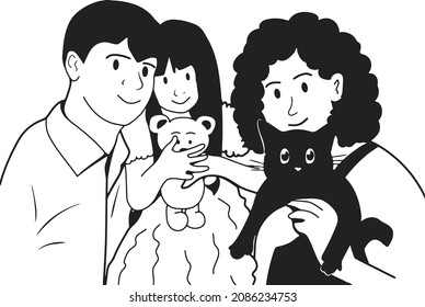 happy family makes selfie vector. Vector graphics. black and white drawing. eps	