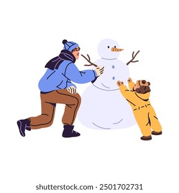 Happy family makes snowman together. Parent and kid have fun outdoors in wintertime. Person and child in outerwear built from snow in winter. Flat isolated vector illustration on white background.