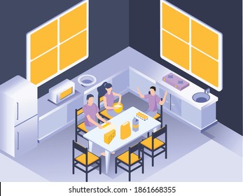 Happy family making cheesecake around kitchen table isometric vector flat design 3d