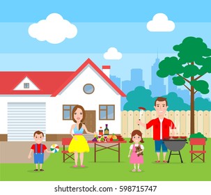 happy family making grill barbecue on house backyard.summer resting