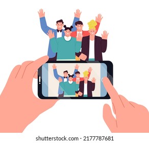 Happy family making photo portrait on smartphone. Selfie on mobile phone. Smartphone screen with family selfie. Vector Illustration