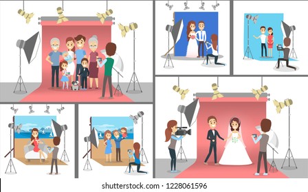 Happy family making photoshoot set. Parents and children standing together. Wedding and pregnancy photos. Various equipment such as softbox and camera. Isolated flat vector illustration