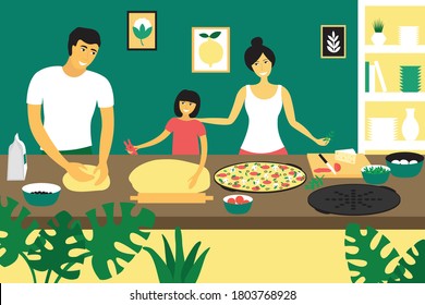 Happy Family Making Pizza. Father, Mother Cook In The Kitchen. Dad Kneads Dough. Modern Design Concept Of Pastime At Home. Bright Flat Vector Illustration.