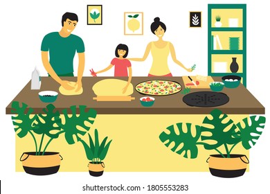 Happy Family Making Pizza. Father, Mother Cook In The Kitchen. Dad Kneads Dough. Modern Design Concept Of Pastime At Home. Bright Flat Vector Illustration Isolated On White Background.