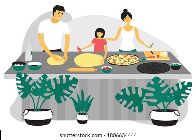 Happy family making pizza. father, mother cook in the kitchen. Dad kneads dough. Modern design concept of pastime at home. Bright flat vector illustration isolated on white background.