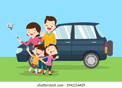Happy family Making Selfie in the background of them car. family together in the park.