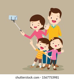 Happy Family Making Selfie. Dad Mom daughter and son Standing doing self portrait with help monopod.