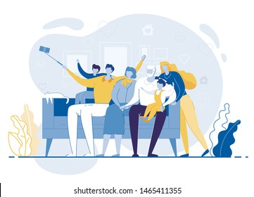 Familia feliz haciendo selfie, madre, padre, hijo, hija, abuela y abuelo sentados en Sofa posando en Smartphone. Relaciones amorosas, momentos dulces de la vida. Ilustración de vectores planos de caricaturas