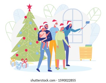 Happy Family Making Selfie near Decorated Christmas Tree. Mother, Father, Child Grandparents in Santa Hats Posing on Smartphone. Loving Relations, Sweet Life Moments. Cartoon Flat Vector Illustration