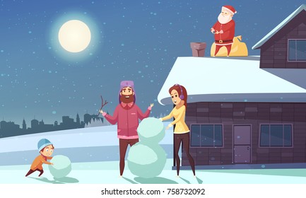 Happy family making snowman at christmas night and santa claus standing on roof near chimney cartoon vector illustration
