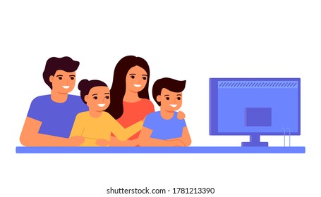 Happy family man, woman and children sitting together at home and watching TV. People watch videos, parents and kids. Rest, communication, joint time, leisure. Vector flat illustration