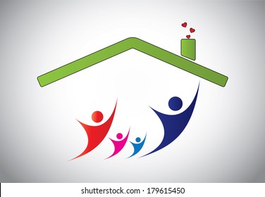 happy family of man, woman and children jumping joy in home house. happiness of family with parents and kids with hands up in the air with house roof and bright white background - concept illustration