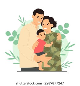 Happy family. Man and a woman hold their child in their arms. Woman in a military uniform. Family of a military serviceman. Vector illustration